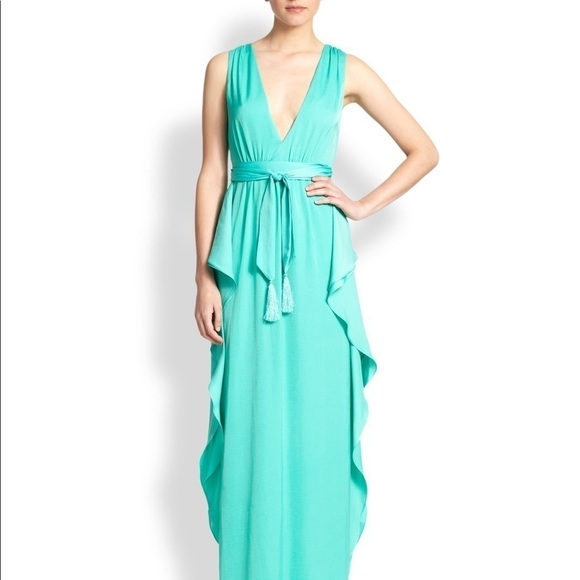 BCBGMAXAZRIA teal maxi dress silky ruffles size 4 - Picture 1 of 5